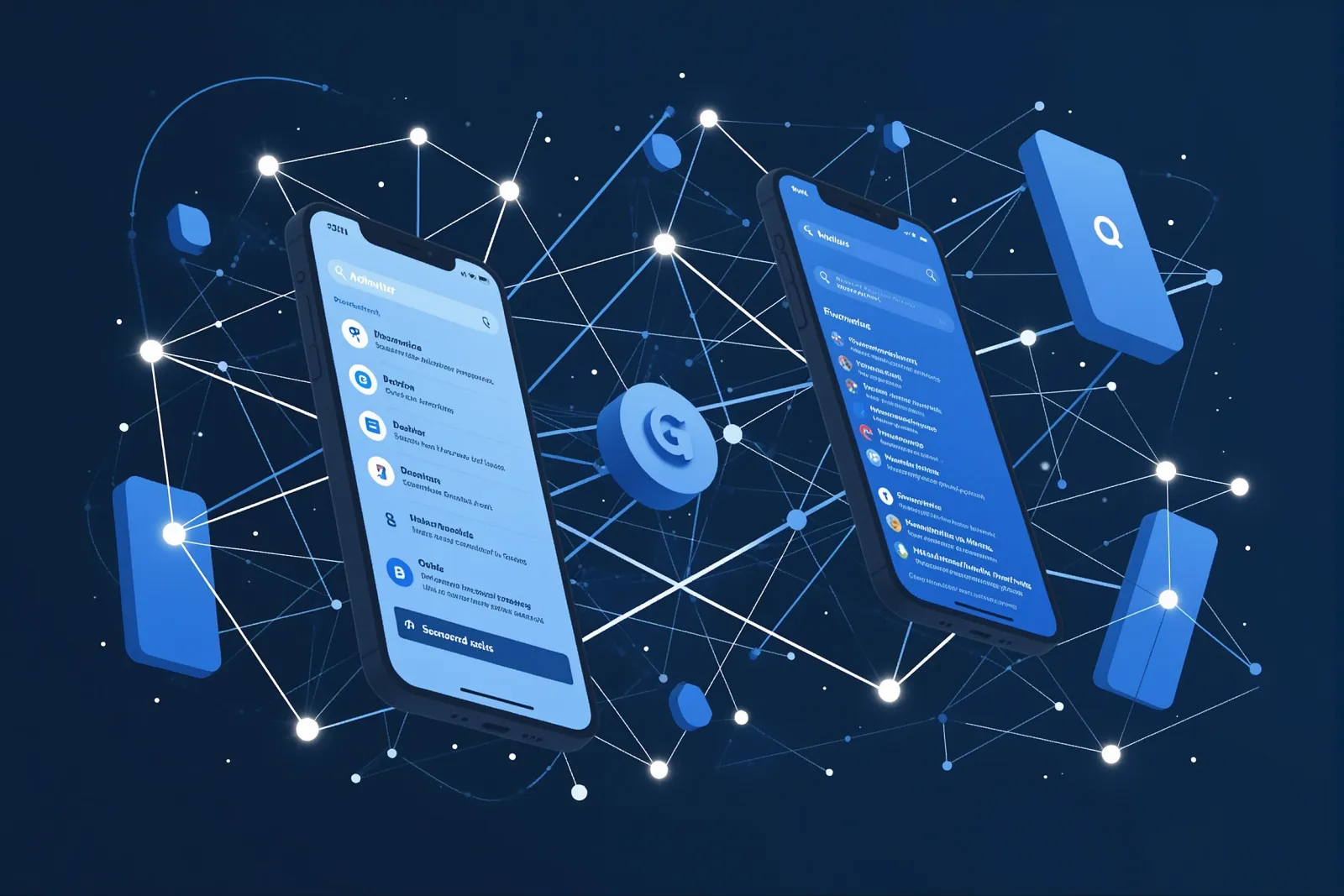 A geometric illustration of a mobile screen displaying a list of advertisers above search ads.