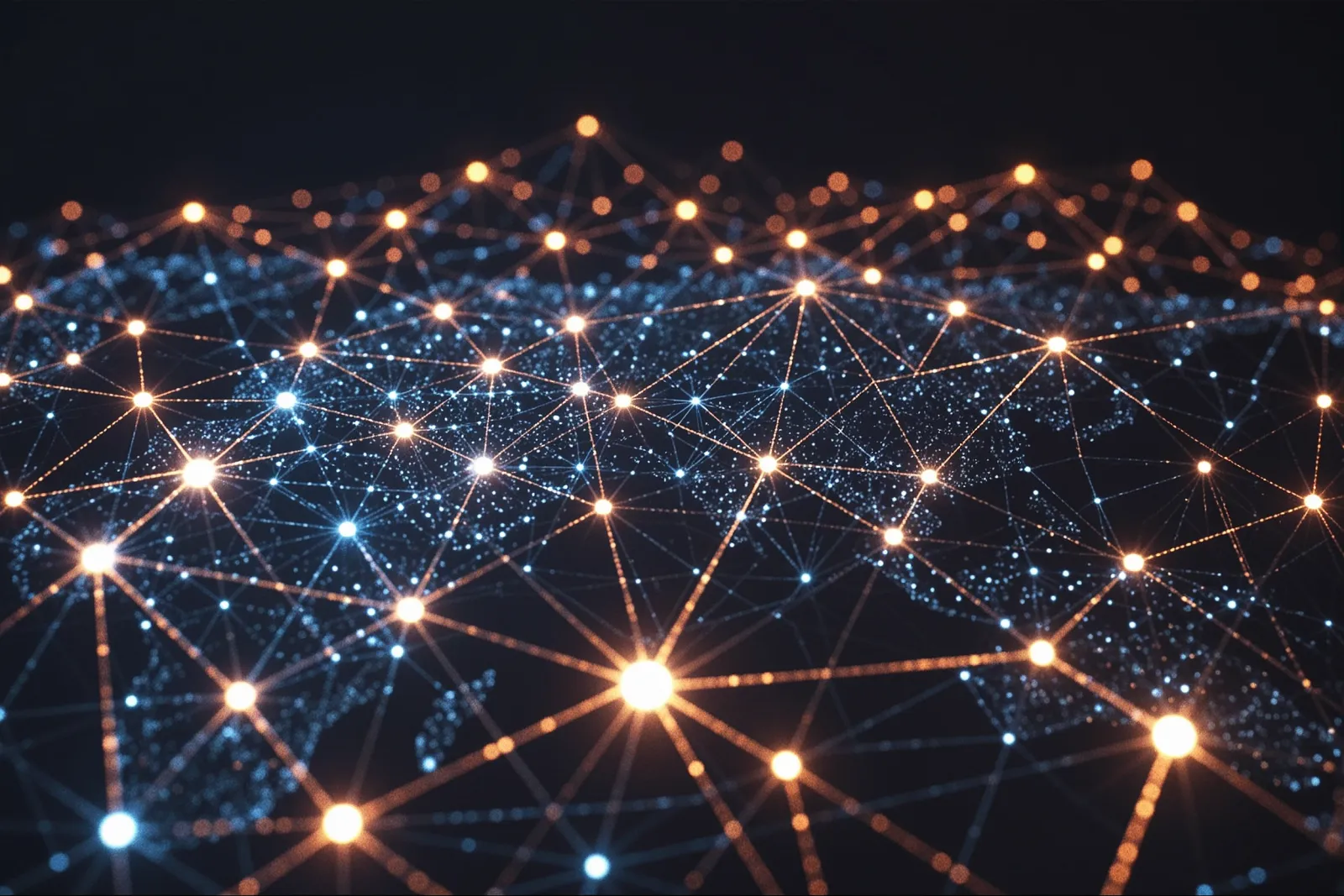 A geometric illustration of a magnifying glass scanning through a network of interconnected nodes.