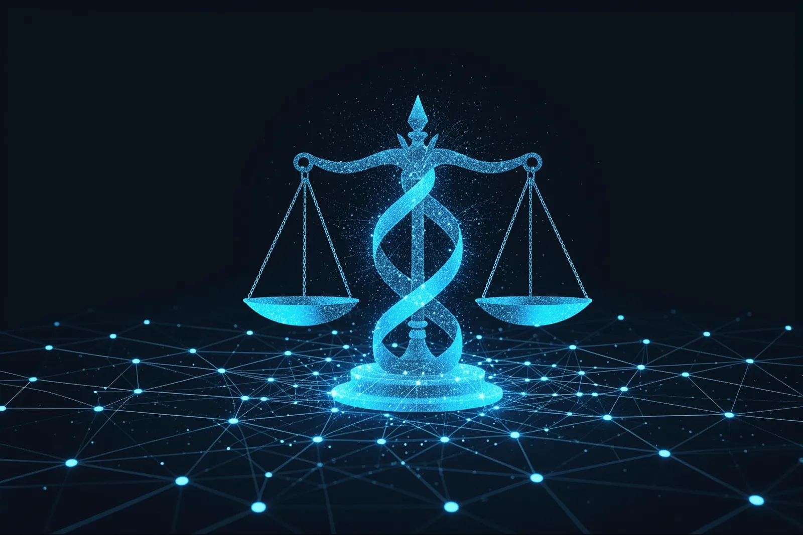 A geometric illustration of a balanced scale representing legal decisions in the digital advertising industry.
