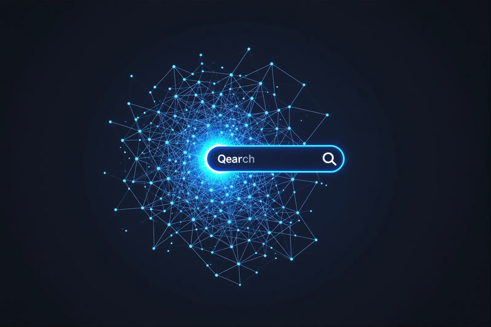 A geometric illustration of a search bar transforming into a conversational speech bubble.