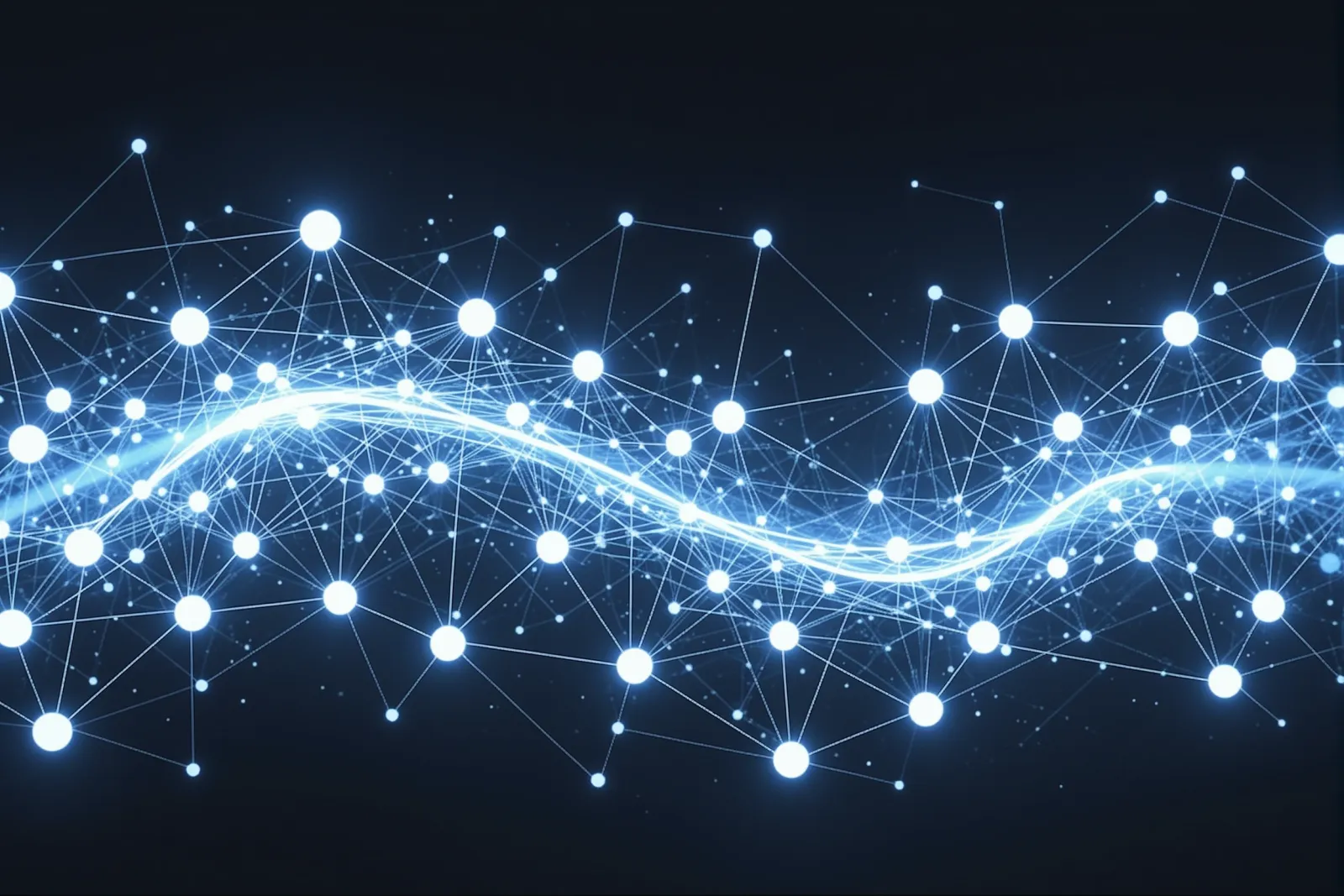 A digital network of interconnected nodes representing AI-driven content and search optimization.