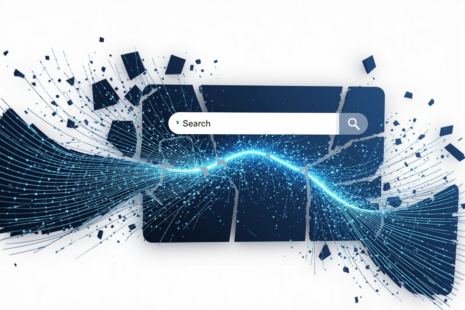 A digital interface with abstract geometric shapes representing AI and search results.