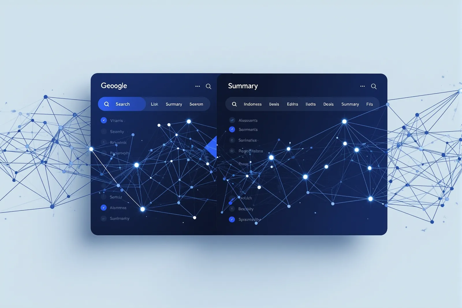 Abstract illustration of two contrasting search result layouts, a ranked list and a synthesized summary panel, connected by glowing lines