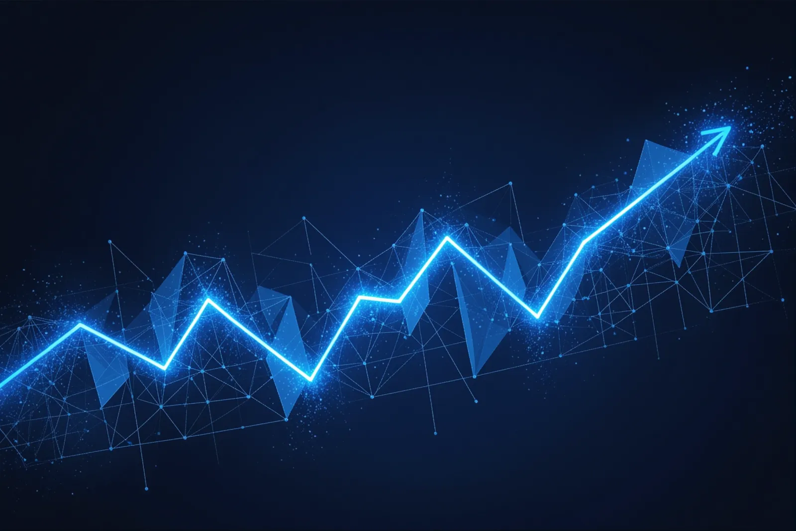 Abstract illustration of a glowing line graph dipping then recovering upward through geometric obstacles