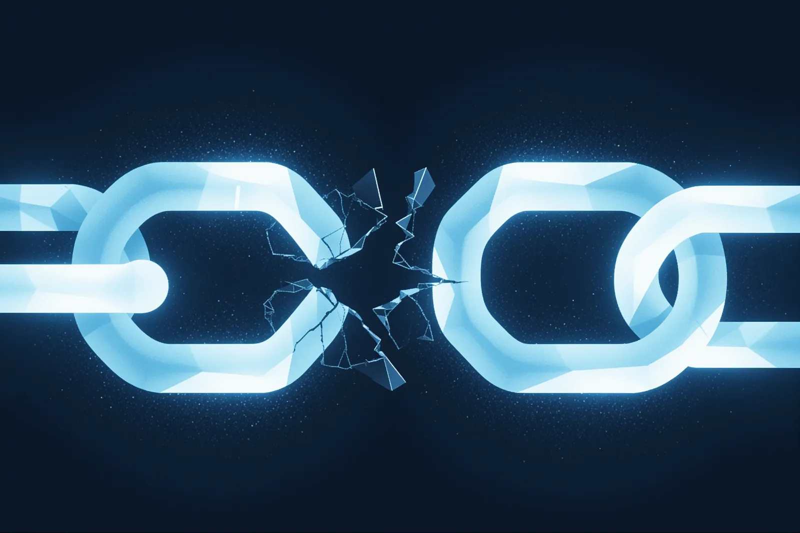Abstract illustration of a broken glowing chain link being reconnected by a new geometric link