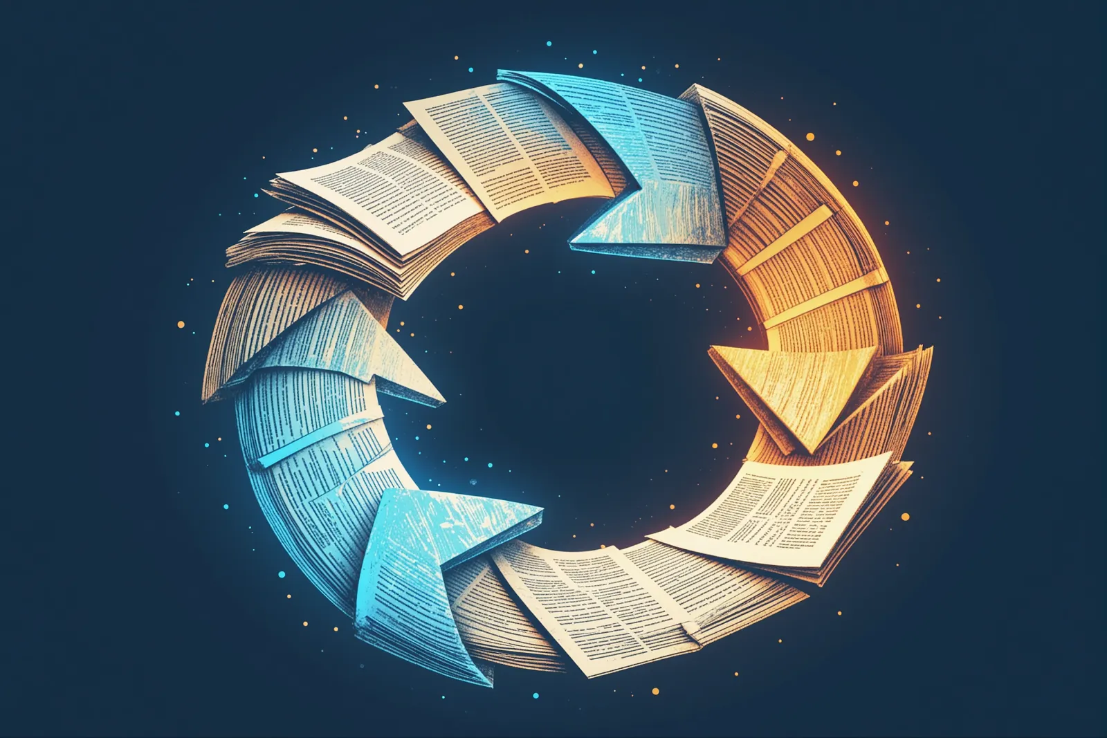 Abstract illustration of a circular refresh cycle transforming faded document pages into glowing renewed pages