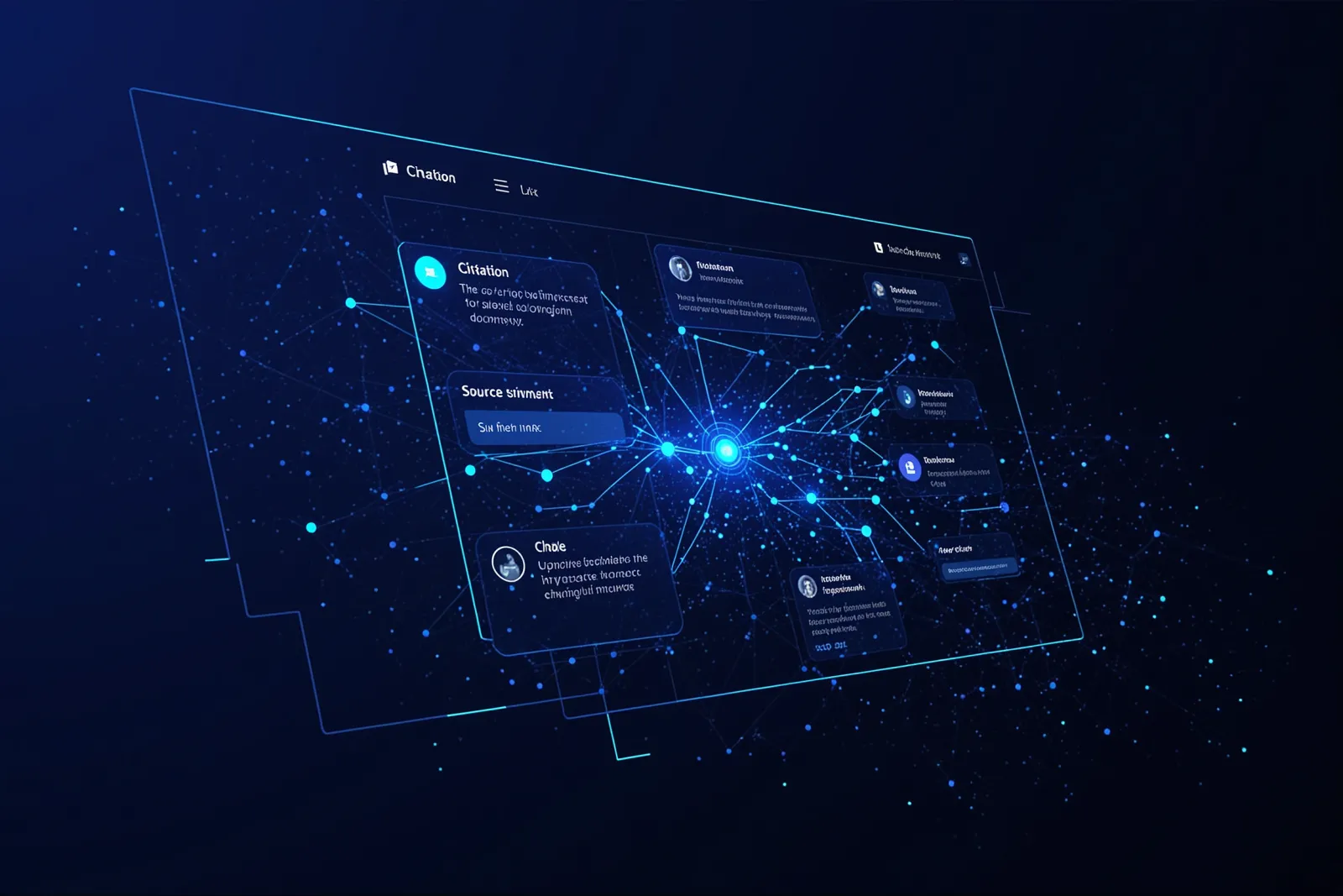 Abstract illustration of a glowing AI chat interface with citation links branching out to source documents