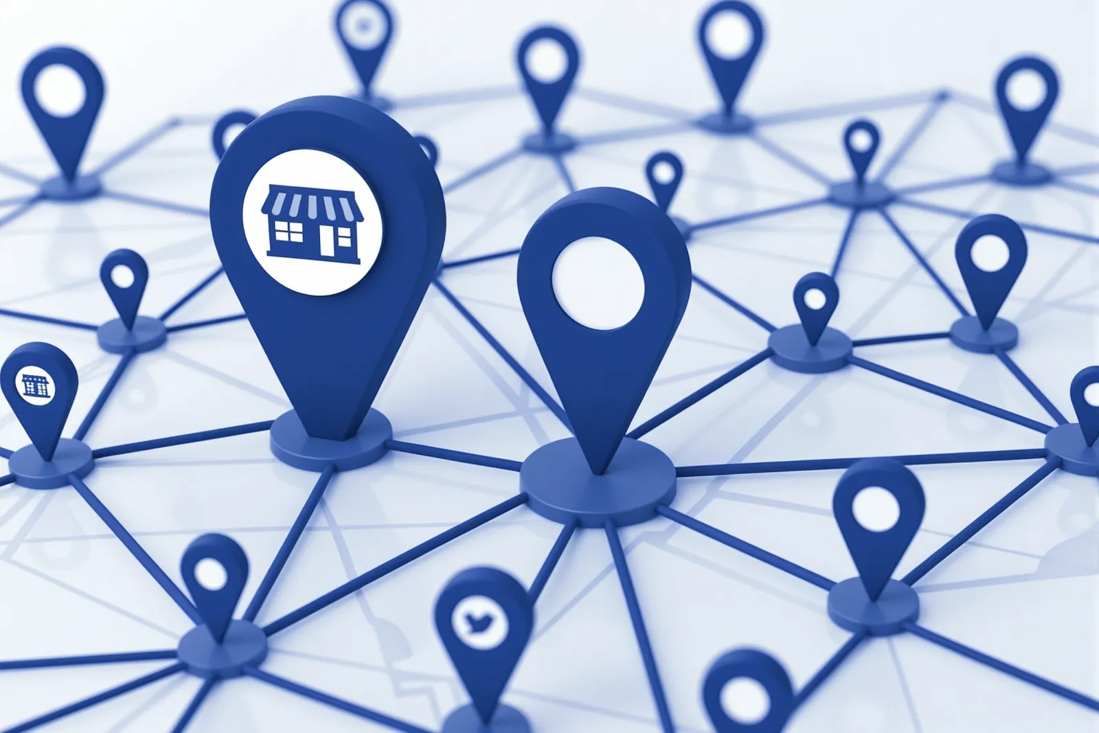 Abstract illustration of a local business location pin becoming more prominent and connected within a map-like network