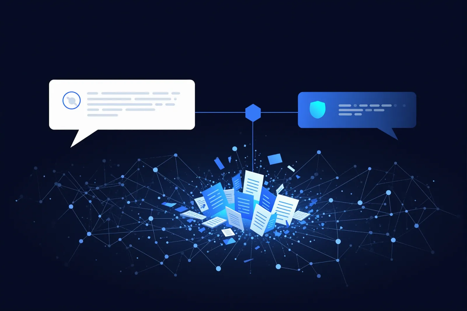 Abstract illustration of a query pulling in a small cluster of glowing document fragments from a larger field, feeding into a synthesis node