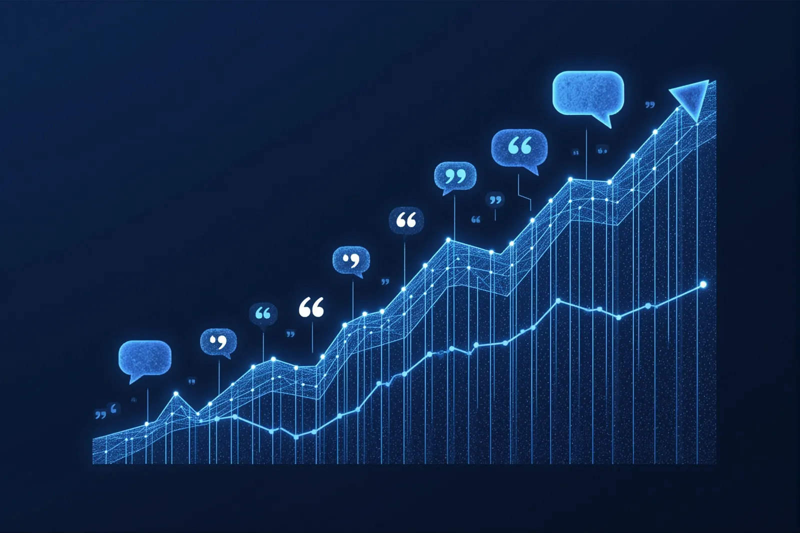 Abstract illustration of an upward trending graph made of glowing citation marks and quote bubbles