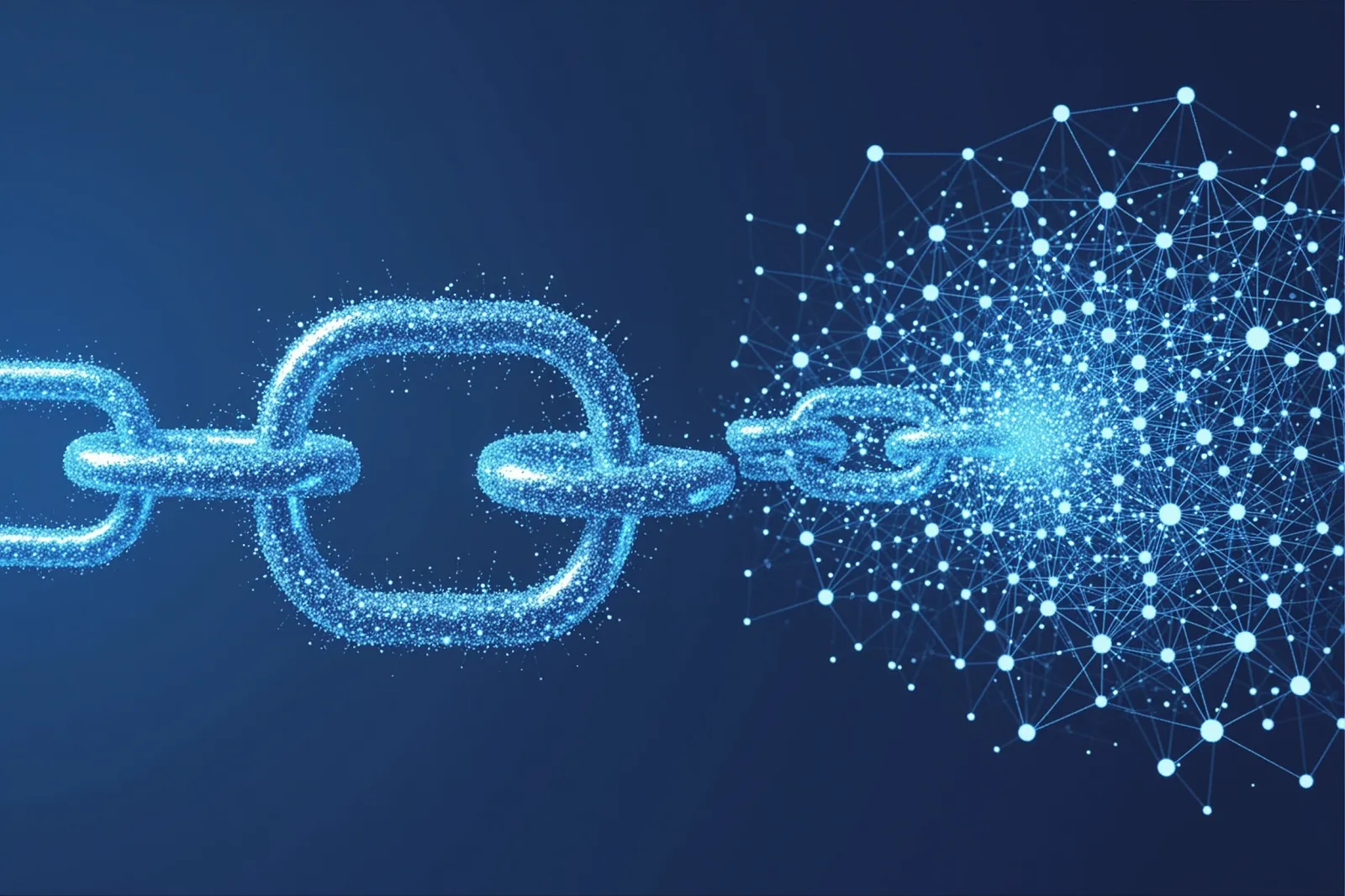 Abstract illustration of a traditional chain link breaking apart while a glowing AI network of citation nodes forms nearby