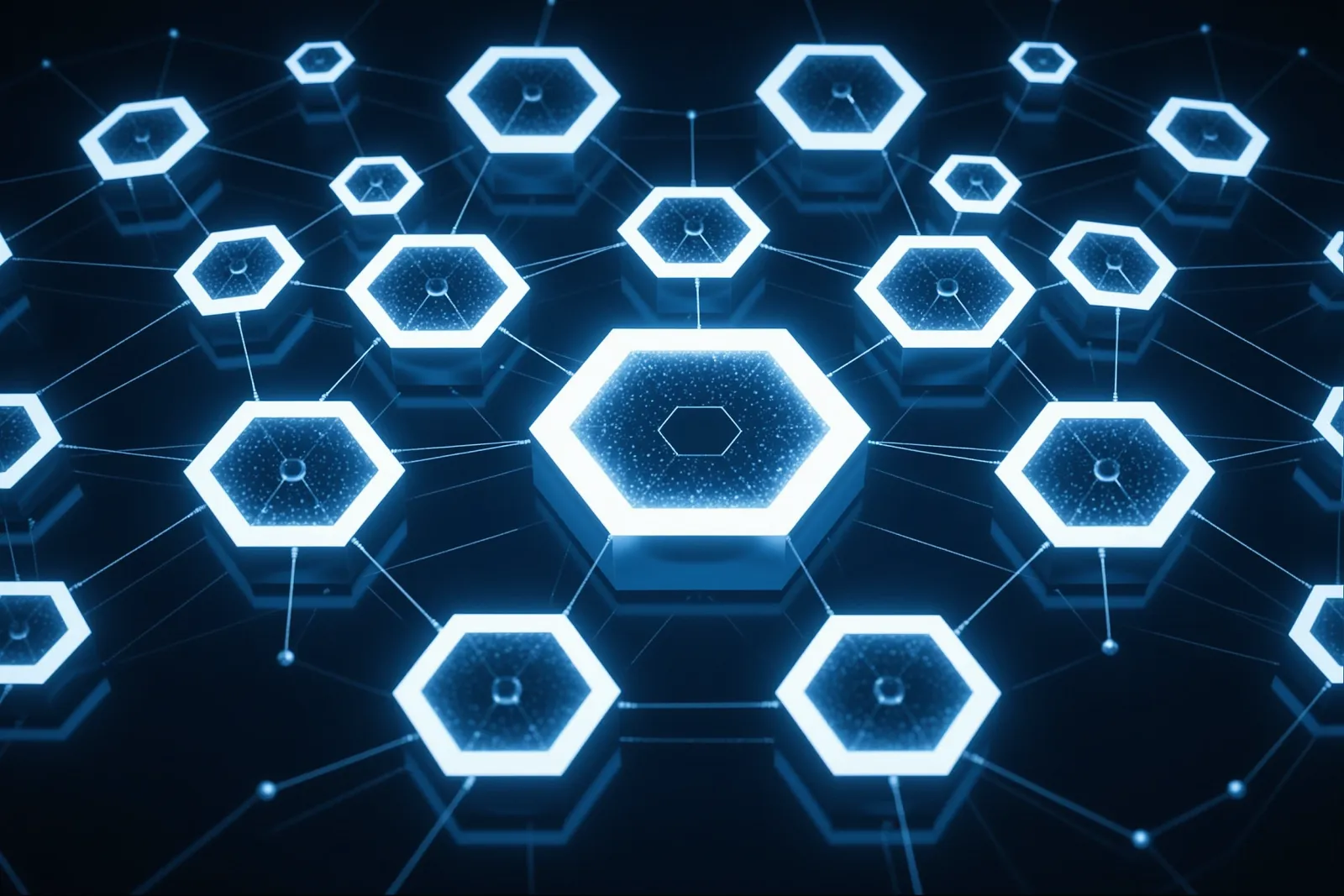 Abstract illustration of a central hexagonal hub node connected to smaller satellite nodes forming a structured hierarchy