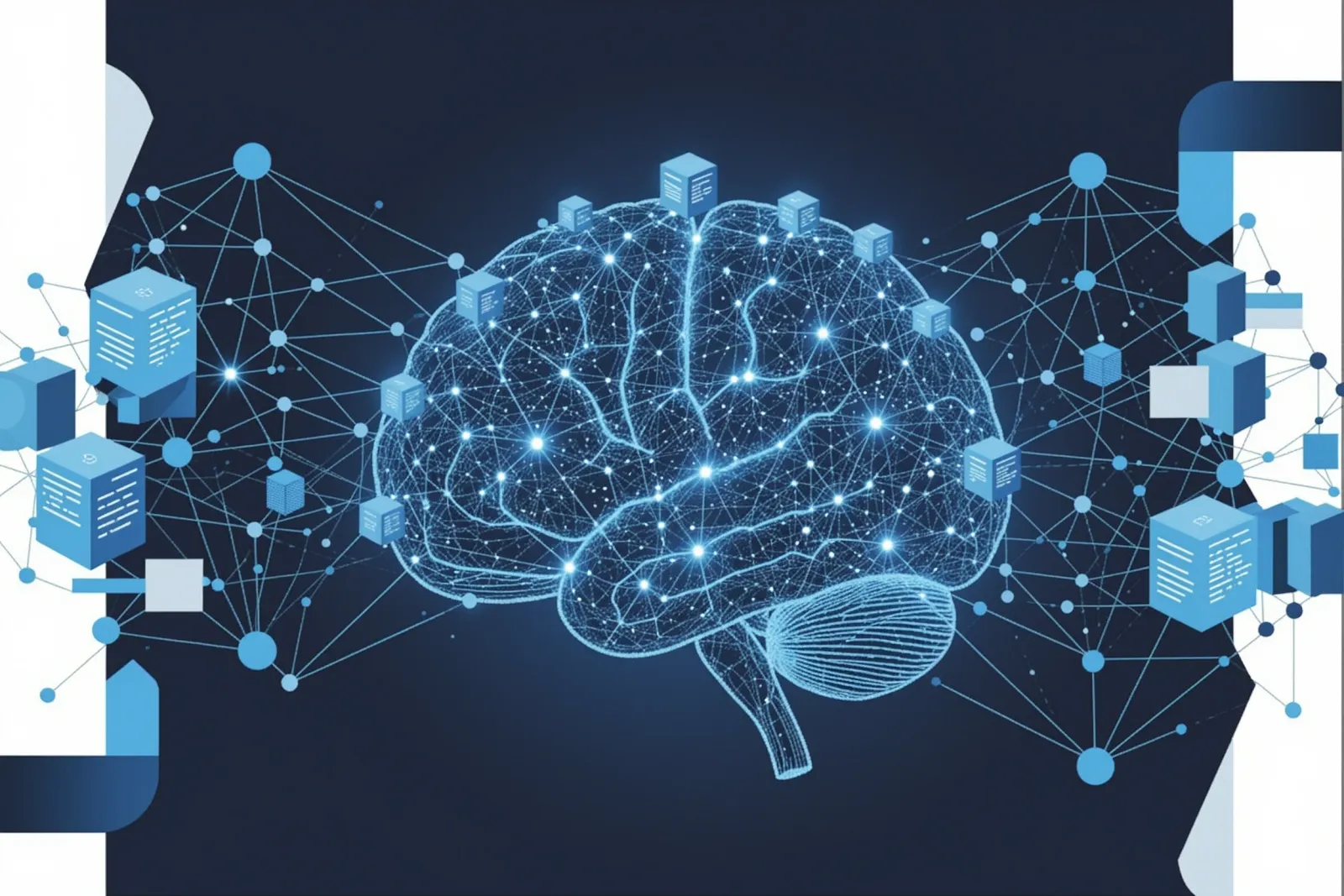 Abstract illustration of structured data blocks and code brackets connecting to a glowing AI brain network