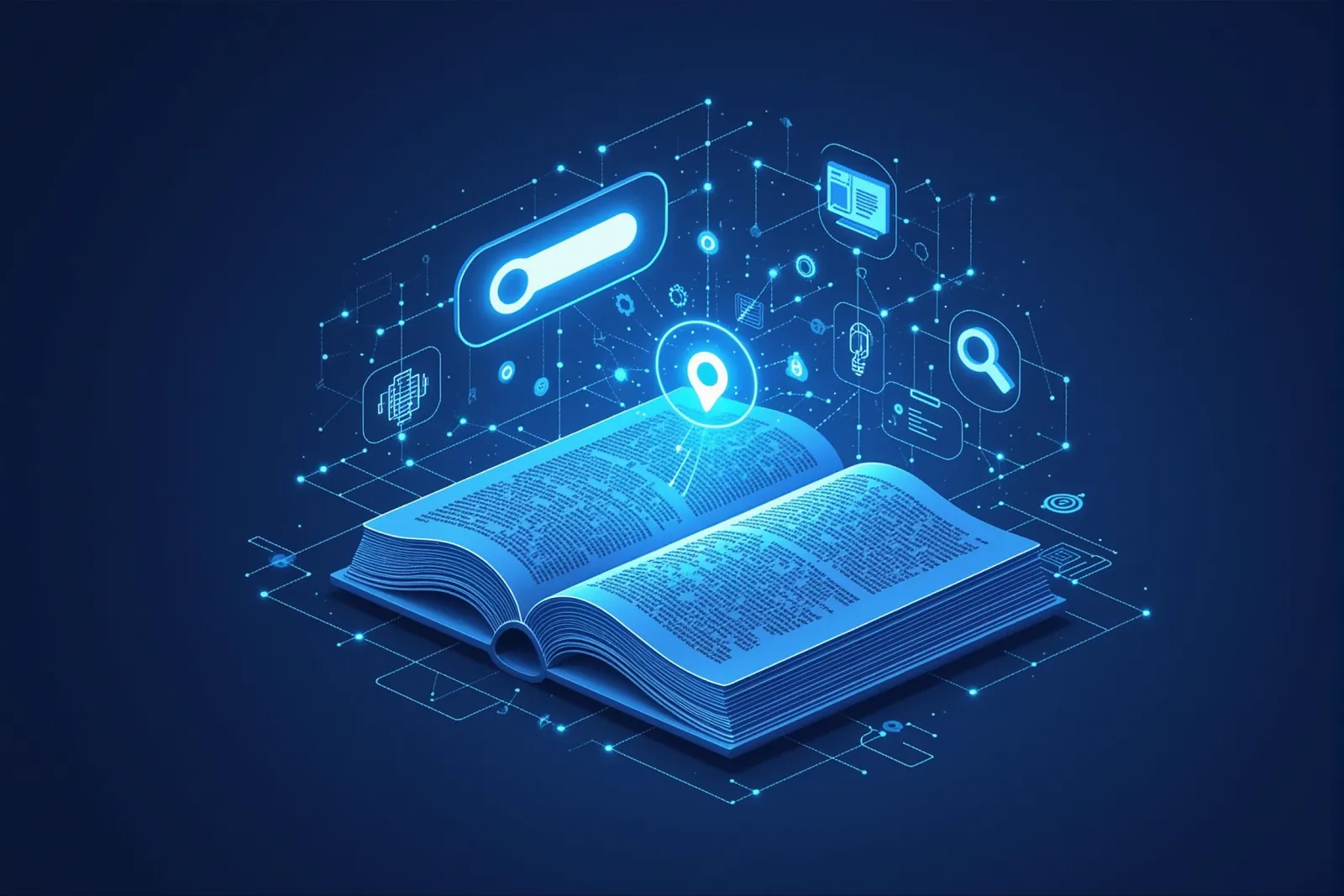 Abstract illustration of an open glowing dictionary book with search and AI icons floating above the pages