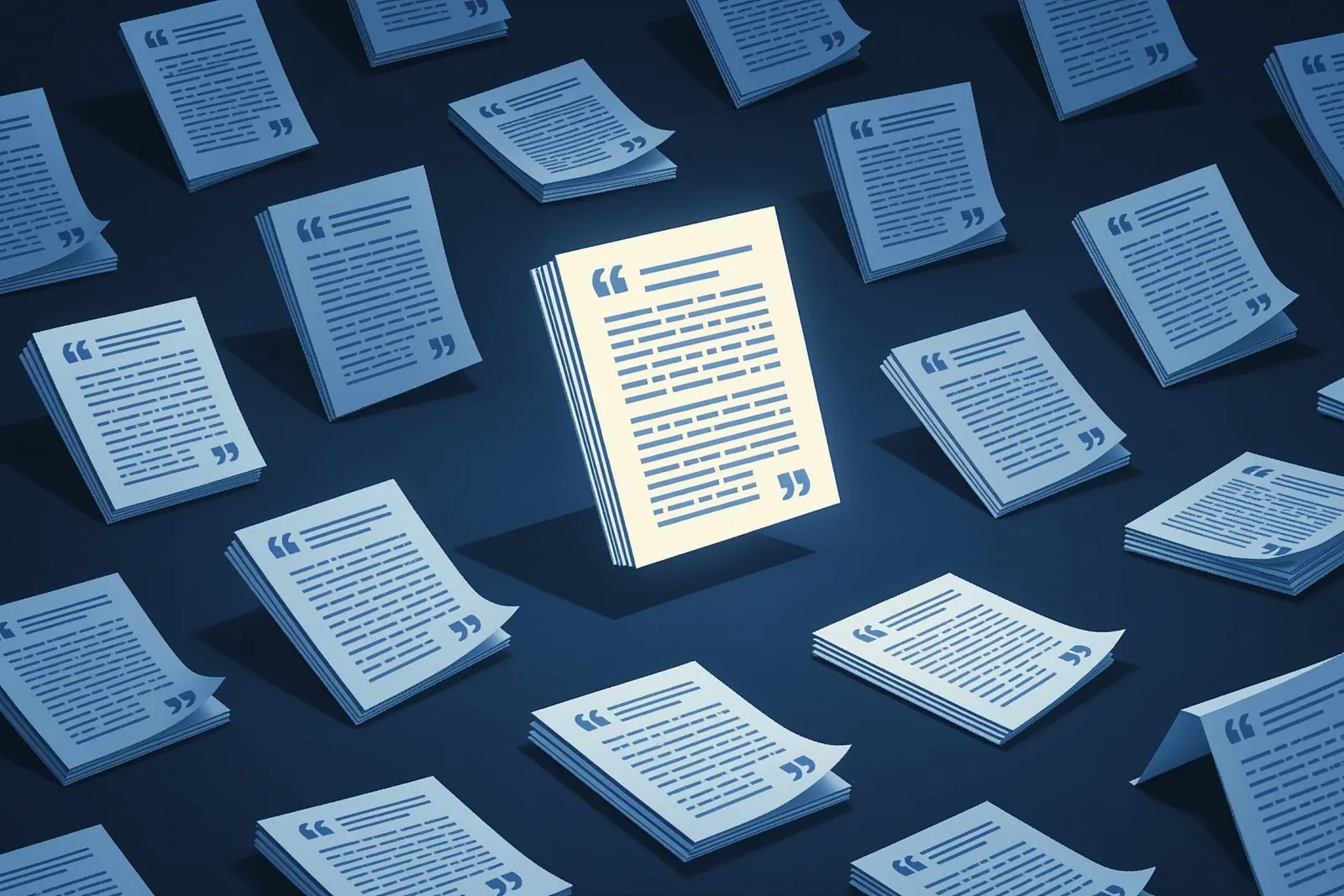 Abstract illustration of a single glowing quoted text fragment being extracted from a field of competing document shapes