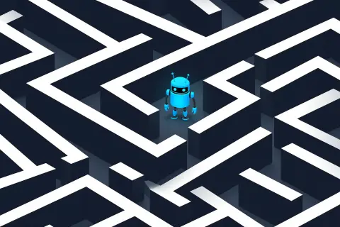 A digital illustration of a web crawler navigating a maze of Robots.txt directives.