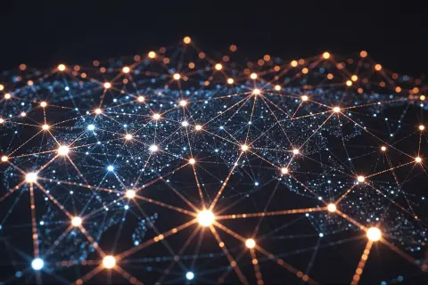 A geometric illustration of a magnifying glass scanning through a network of interconnected nodes.