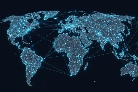 A geometric illustration of interconnected nodes representing AI and search optimization strategies.