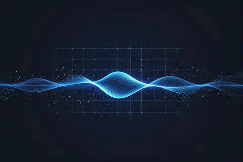 A geometric illustration of a downward trending graph with a magnifying glass over it, symbolizing a drop in search visibility.