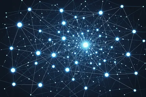 A geometric illustration of a local business map with glowing review stars and social media icons.