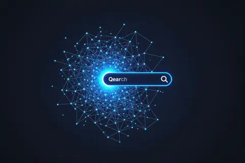 A geometric illustration of a search bar transforming into a conversational speech bubble.