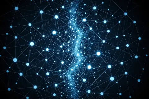 A geometric illustration of a search engine interface with fragmented data streams.