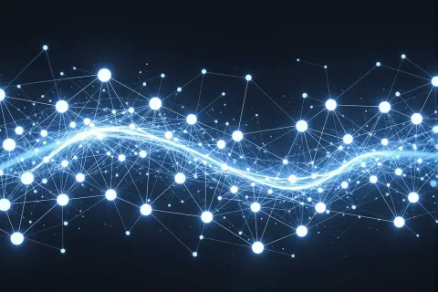 A digital network of interconnected nodes representing AI-driven content and search optimization.