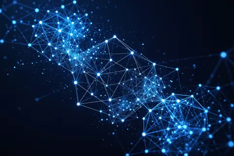 An abstract illustration of a digital network with interconnected nodes and pathways.