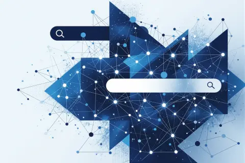 An abstract illustration of AI-generated search results merging with brand logos.