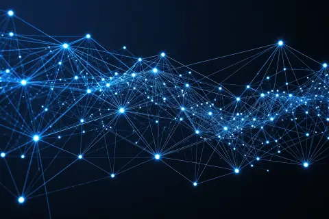 A digital illustration of interconnected nodes representing ad selection and serving mechanisms.