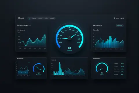 Abstract illustration of a speedometer and performance gauge dashboard with glowing blue metrics