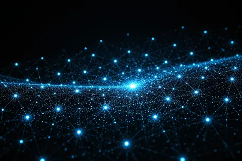 Abstract illustration of one glowing node becoming clearly distinguished from several similar nearby nodes through connecting lines
