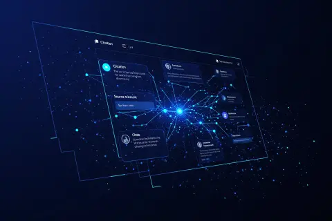 Abstract illustration of a glowing AI chat interface with citation links branching out to source documents