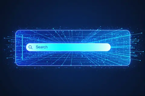 Abstract illustration of a glowing browser search result snippet card with abstract text lines