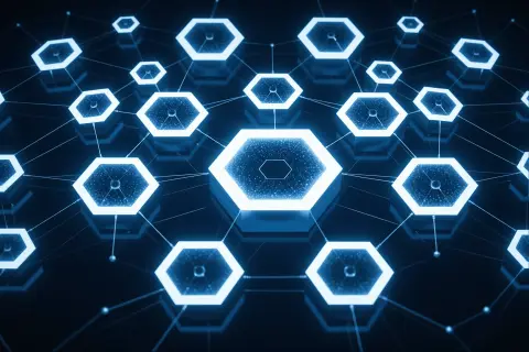 Abstract illustration of a central hexagonal hub node connected to smaller satellite nodes forming a structured hierarchy