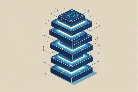 Abstract illustration of stacked glowing geometric modular blocks representing a technology toolkit