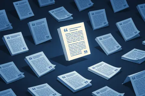 Abstract illustration of a single glowing quoted text fragment being extracted from a field of competing document shapes