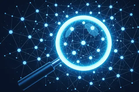 Abstract illustration of a glowing magnifying glass inspecting a network of geometric nodes and connection lines