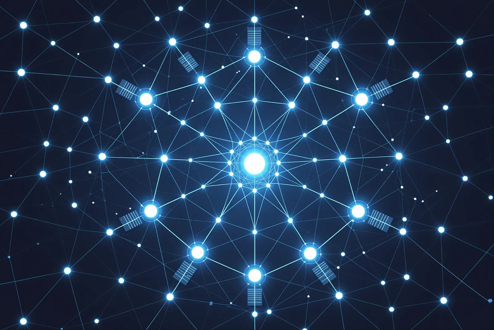 Abstract illustration of a central hub node connected to smaller satellite nodes forming a content cluster network