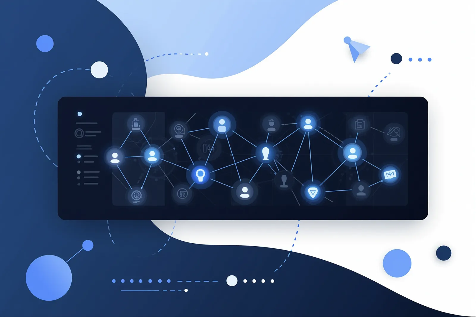 Abstract illustration of a dashboard-like panel tracking glowing citation marks appearing across a network of AI assistant icons