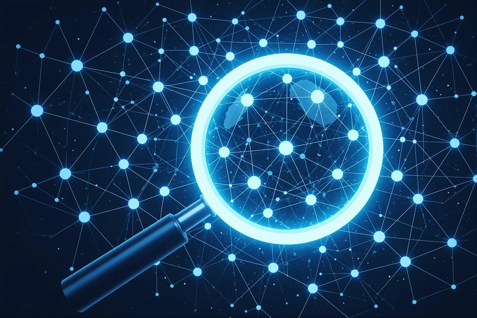 Abstract illustration of a glowing magnifying glass inspecting a network of geometric nodes and connection lines